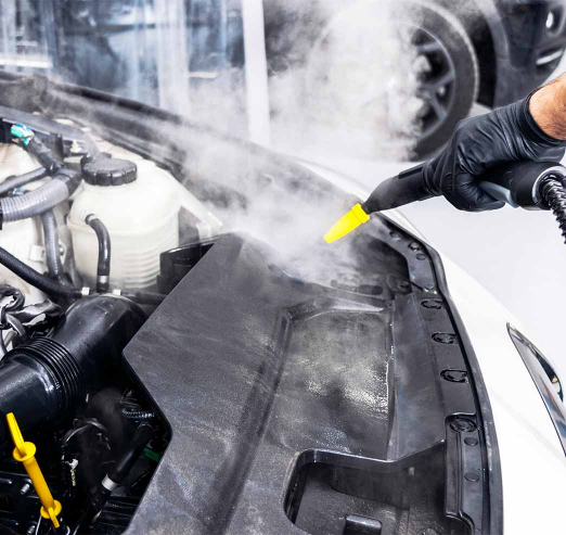 Close up on car care expert, performing car engine bay steam cleaning