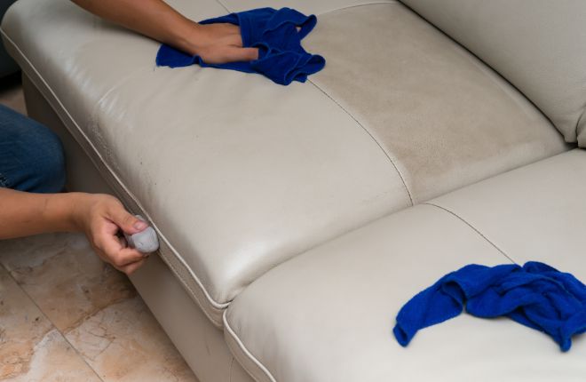leather sofa being cleaned